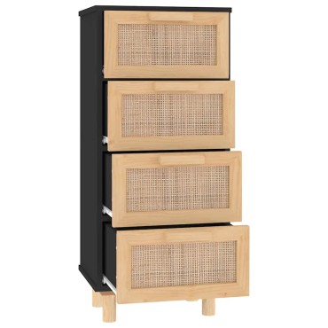 vidaXL Συρταριέρα Μαύρη 40x30x90cm από Μασίφ Πεύκο & Φυσικό Ρατάν 1 τεμ.