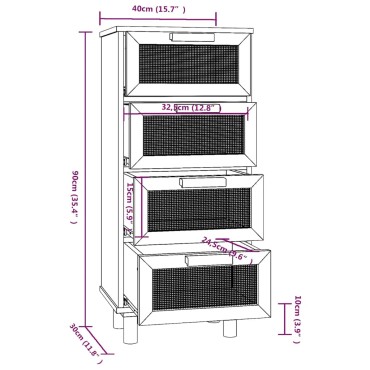 vidaXL Συρταριέρα Μαύρη 40x30x90cm από Μασίφ Πεύκο & Φυσικό Ρατάν 1 τεμ.