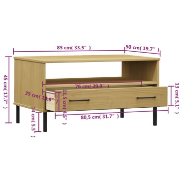 vidaXL Τραπεζάκι Σαλονιού OSLO Καφέ 85x50x45cm Μασίφ Ξύλο Μετ. Πόδια 1 τεμ.