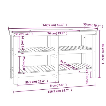 vidaXL Πάγκος Εργασίας Λευκός 142,5x50x80 εκ. από Μασίφ Ξύλο Πεύκου