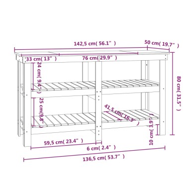 vidaXL Πάγκος Εργασίας Γκρι 142,5 x 50 x 80 εκ. από Μασίφ Ξύλο Πεύκου