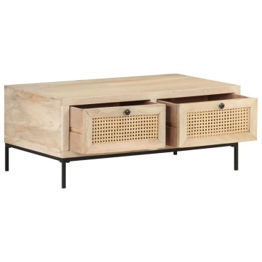 vidaXL Τραπεζάκι Σαλονιού 90x50x37cm Μασίφ Ξύλο Μάνγκο/Φυσικό Καλάμι 1 τεμ.