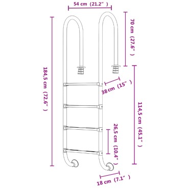 vidaXL Σκάλα Πισίνας 54 x 38 x 184,5 εκ. από Ανοξείδωτο Ατσάλι 304