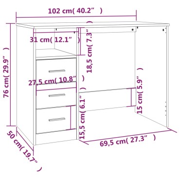 vidaXL Γραφείο με Συρτάρια Γκρι Sonoma 102x50x76cm Επεξεργασμένο Ξύλο 1 τεμ.