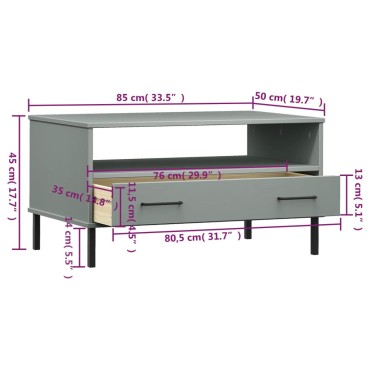 vidaXL Τραπεζάκι Σαλονιού OSLO Γκρι 85x50x45cm Μασίφ Ξύλο Μετ. Πόδια 1 τεμ.