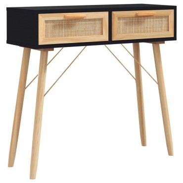 vidaXL Τραπέζι Κονσόλα Μαύρο 80x30x75cm Μασίφ Πεύκο & Φυσικό Ρατάν 1 τεμ.