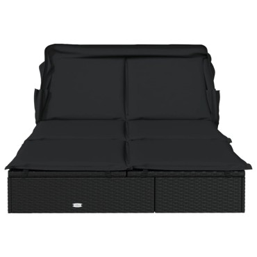 vidaXL Ξαπλώστρα 2 Ατόμων Πτυσ. Οροφή Μαύρη 213x118x97cm Συνθ. Ρατάν 1 τεμ.