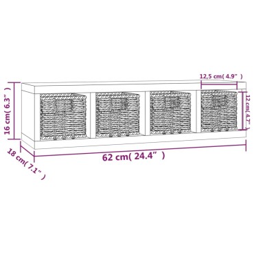 vidaXL Ράφι Τοίχου με Καλάθια 62x18x16cm από Μασίφ Ξύλο Καρυδιάς 1 τεμ.