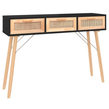 vidaXL Τραπέζι Κονσόλα Μαύρο 105x30x75cm Μασίφ Πεύκο & Φυσικό Ρατάν 1 τεμ.
