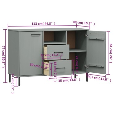 vidaXL Ντουλάπι OSLO Γκρι 113x40x77cm Μασίφ Ξύλο με Μετ. Πόδια 1 τεμ.