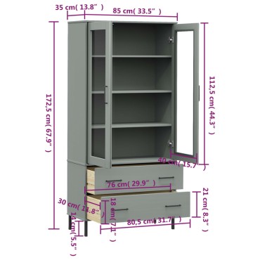 vidaXL Βιβλιοθήκη OSLO Γκρι 85x35x172,5cm Μασίφ Ξύλο με Μεταλ. Πόδια 1 τεμ.