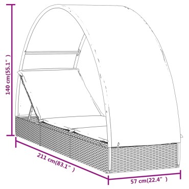 vidaXL Ξαπλώστρα Στρογγυλή Οροφή Μαύρη 211x57x140cm Συνθ. Ρατάν 1 τεμ.