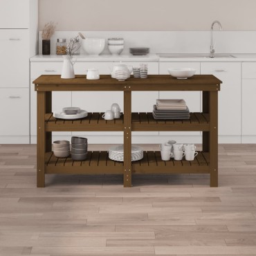 vidaXL Πάγκος Εργασίας Μελί Καφέ 142,5 x 50 x 80 εκ. Μασίφ Ξύλο Πεύκου