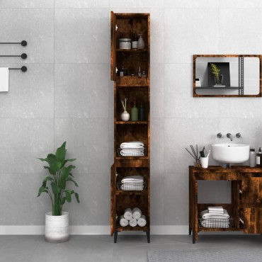 vidaXL Ντουλάπι Μπάνιου Καπνιστή Δρυς 30x30x190cm Επεξεργασμένο Ξύλο 1 τεμ.