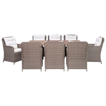 3057801 vidaXL 9 Piece Outdoor Dining Set with Cushions Poly Rattan Brown (4x44148+310143) 200x100x74cm