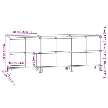 vidaXL Ντουλάπια 3 τεμ. Γκρι Σκυροδέματος 60x35x70cm Επεξεργ. Ξύλο