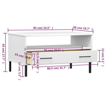 vidaXL Τραπεζάκι Σαλονιού OSLO Λευκό 85x50x45cm Μασίφ Ξύλο Μετ. Πόδια 1 τεμ.