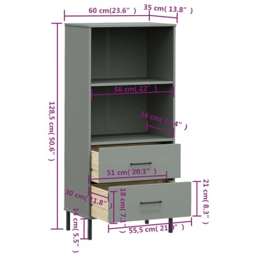 vidaXL Βιβλιοθήκη OSLO με 2 Συρτάρια Γκρι 60x35x128,5cm Μασίφ Ξύλο 1 τεμ.