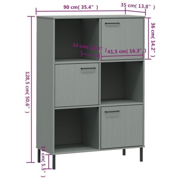 vidaXL Βιβλιοθήκη OSLO Γκρι 90x35x128,5cm Μασίφ Ξύλο με Μετ. Πόδια 1 τεμ.