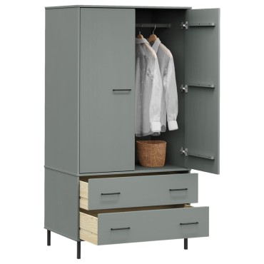 vidaXL Ντουλάπα OSLO Γκρι 90x55x172,5cm Μασίφ Ξύλο με Μετ. Πόδια 1 τεμ.