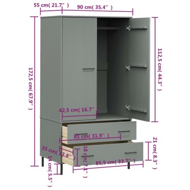vidaXL Ντουλάπα OSLO Γκρι 90x55x172,5cm Μασίφ Ξύλο με Μετ. Πόδια 1 τεμ.