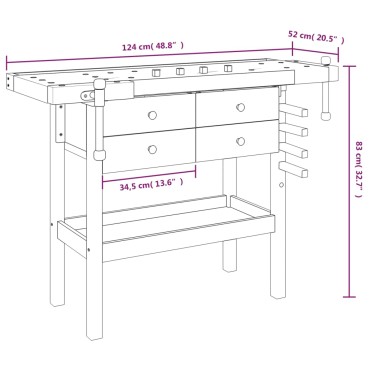 vidaXL Πάγκος Εργασίας με Συρτάρια/Μέγγενες 124x52x83 εκ. Μασίφ Ακακία