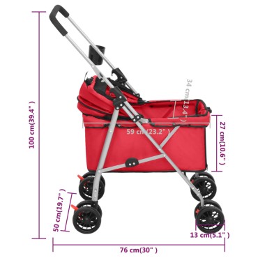 vidaXL Καρότσι Σκύλου Πτυσσόμενο Κόκκινο 76x50x100 εκ. Ύφασμα Oxford