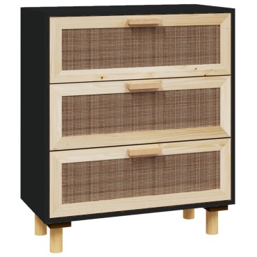 vidaXL Συρταριέρα Μαύρη 60x30x70cm από Μασίφ Πεύκο & Φυσικό Ρατάν 1 τεμ.
