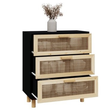 vidaXL Συρταριέρα Μαύρη 60x30x70cm από Μασίφ Πεύκο & Φυσικό Ρατάν 1 τεμ.
