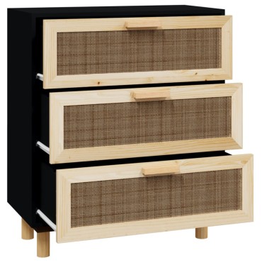 vidaXL Συρταριέρα Μαύρη 60x30x70cm από Μασίφ Πεύκο & Φυσικό Ρατάν 1 τεμ.