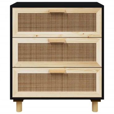 vidaXL Συρταριέρα Μαύρη 60x30x70cm από Μασίφ Πεύκο & Φυσικό Ρατάν 1 τεμ.