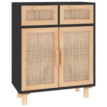vidaXL Ντουλάπι Μαύρο 60x30x75cm από Μασίφ Πεύκο & Φυσικό Ρατάν 1 τεμ.