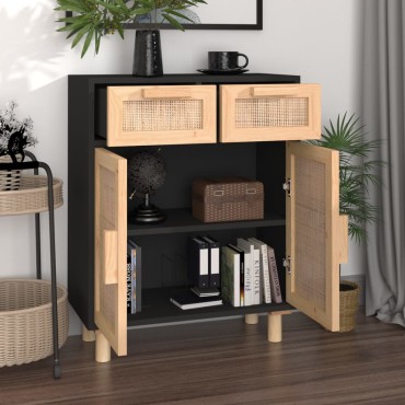 vidaXL Ντουλάπι Μαύρο 60x30x75cm από Μασίφ Πεύκο & Φυσικό Ρατάν 1 τεμ.