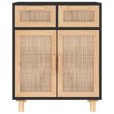 vidaXL Ντουλάπι Μαύρο 60x30x75cm από Μασίφ Πεύκο & Φυσικό Ρατάν 1 τεμ.