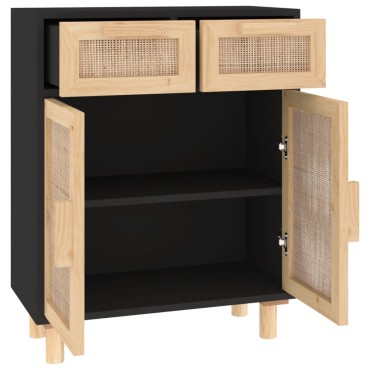 vidaXL Ντουλάπι Μαύρο 60x30x75cm από Μασίφ Πεύκο & Φυσικό Ρατάν 1 τεμ.