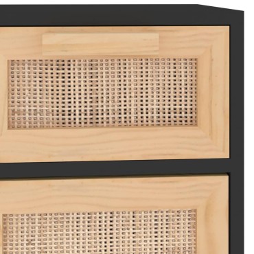 vidaXL Ντουλάπι Μαύρο 60x30x75cm από Μασίφ Πεύκο & Φυσικό Ρατάν 1 τεμ.