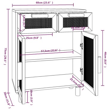 vidaXL Ντουλάπι Μαύρο 60x30x75cm από Μασίφ Πεύκο & Φυσικό Ρατάν 1 τεμ.