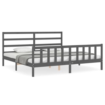 vidaXL Πλαίσιο Κρεβατιού με Κεφαλάρι Γκρι 200x200cm Μασίφ Ξύλο 1 τεμ. - Διπλό
