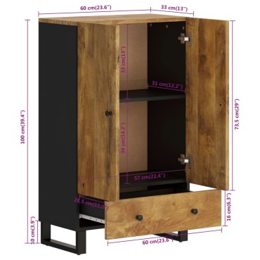 vidaXL Ντουλάπι Ψηλό με Συρτάρι 60x33x100cm Μασίφ Ξύλο Μάνγκο&Σίδερο 1 τεμ.