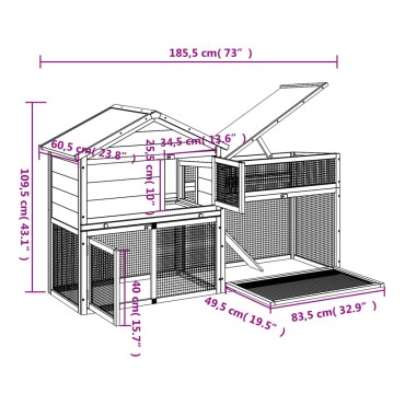 vidaXL Κλουβί Κουνελιών Καφέ 185,5x60,5x109,5 εκ. Μασίφ Ξύλο Πεύκου