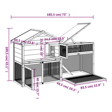 vidaXL Κλουβί Κουνελιών Μόκα 185,5x60,5x109,5 εκ. Μασίφ Ξύλο Πεύκου