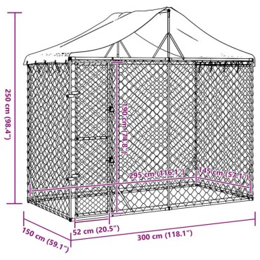 vidaXL Κλουβί Σκύλου Εξ. Χώρου με Οροφή Ασημί 3x1,5x2,5 μ Γαλβ. Ατσάλι