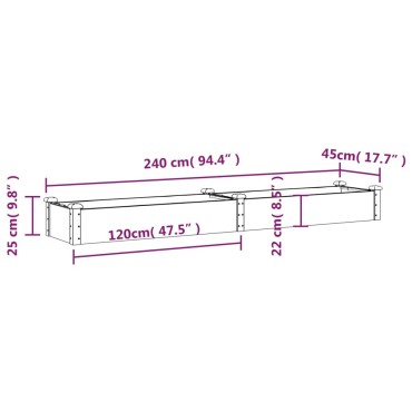 vidaXL Ζαρντινιέρα Υπερυψ. με Επένδυση 240x45x25 εκ. Μασίφ Ξύλο Ελάτης