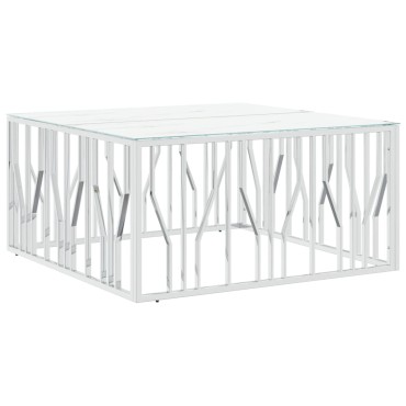 vidaXL Τραπέζι Σαλονιού Ασημί 100x100x50cm Ανοξείδωτο Ατσάλι & Γυαλί 1 τεμ.