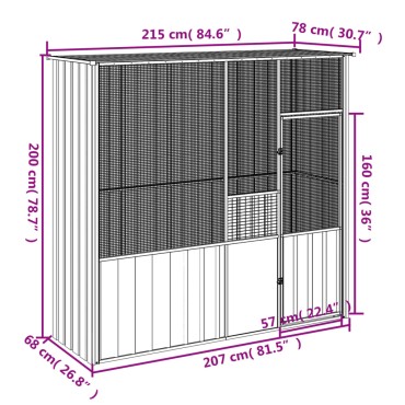 vidaXL Κλουβί Πουλιών Γκρι 215 x 78 x 200 εκ. από Γαλβανισμένο Χάλυβα
