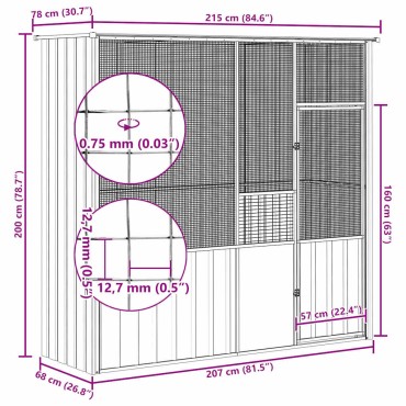 vidaXL Κλουβί Πουλιών Γκρι 215 x 78 x 200 εκ. από Γαλβανισμένο Χάλυβα