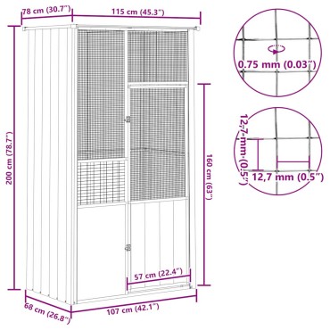 vidaXL Κλουβί Πουλιών Ανθρακί 115x78x200 εκ. από Γαλβανισμένο Χάλυβα