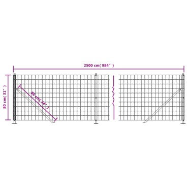 vidaXL Συρματόπλεγμα Περίφραξης Ανθρακί 0,8x25 μ. με Βάσεις Φλάντζα