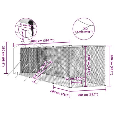 vidaXL Κλουβί Σκύλου Εξ. Χώρου με Οροφή Ασημί 2x10x2,5 μ. Γαλβ. Ατσάλι