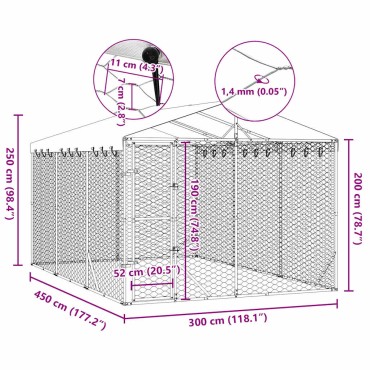vidaXL Κλουβί Σκύλου Εξ. Χώρου με Οροφή Ασημί 3x4,5x2,5 μ Γαλβ. Ατσάλι